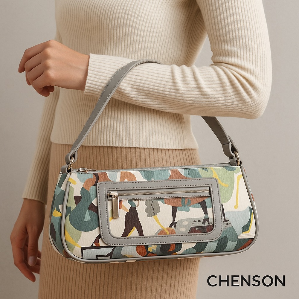 Vintage Chenson Abstract Mod Shoulder Bag Gray Strap Retro Print — EUC Size OS